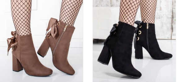 Botine negre, khaki elegante cu toc gros din piele eco intoarsa si fundita Botine negre, khaki elegante cu toc gros din piele eco intoarsa si fundita