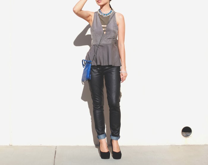Stephanie Liu of Honey & Silk wearing Three of Something shirt, Rich & Skinny pants, ShopLately necklace, Foley & Corinna Tiny City bag, and Pink and Pepper shoes