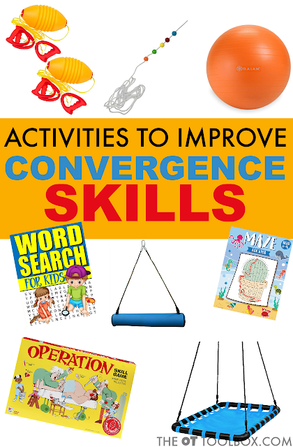 These activities to improve convergence skills are ways to improve convergence insufficiency and visual motor skills needed for visual processing activities including fun occupational therapy activities for kids. These activities to improve convergence skills are ways to improve convergence insufficiency and visual motor skills needed for visual processing activities including fun occupational therapy activities for kids.