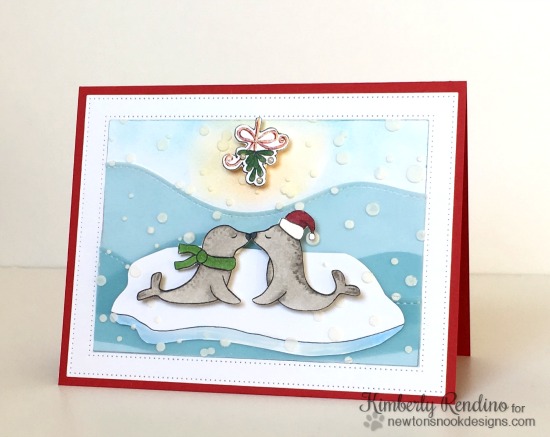 Kissing seals Mistletoe Christmas Card by Kimberly Rendino | Holiday Smooches Stamp set by Newton's Nook Designs #newtonsnook