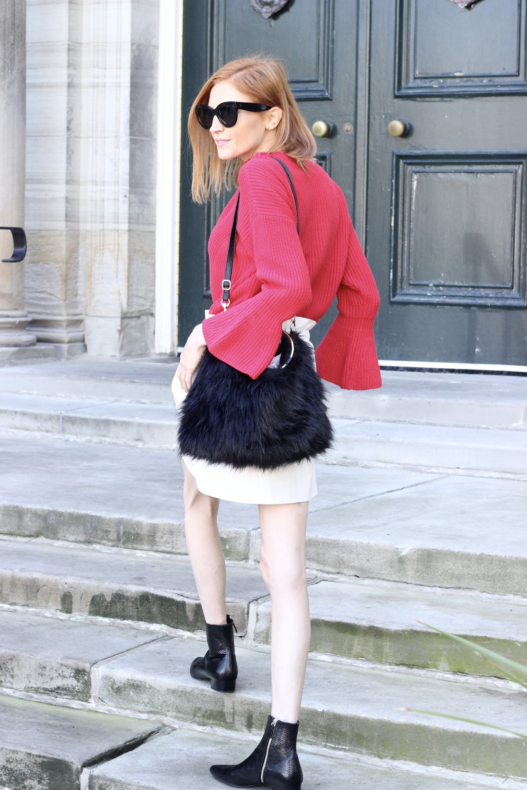 Red for Fall- LOFT red sweater, Zara white leather mini skirt, Zara leather booties , Target faux fur purse, Celine sunglasses 