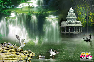 Waterfall background with Bird and Temple