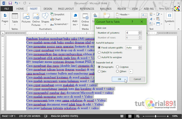 Cara merubah tulisan biasa menjadi table di word (convert text to table) + video Cara merubah tulisan biasa menjadi table di word (convert text to table) + video