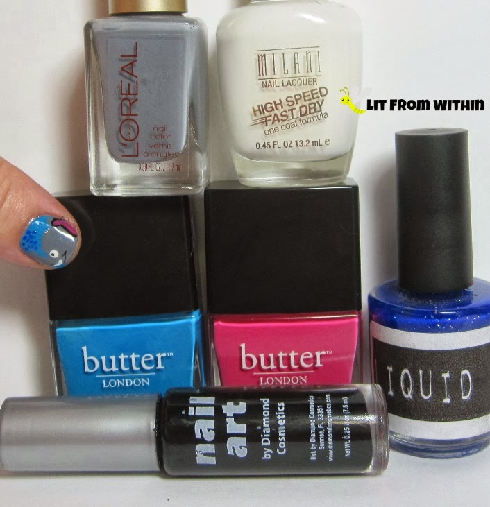 Bottle shot:  Butter London Keks & Primrose Hill Picnic, L'Oreal Greycian Goddess, Milani White On The Spot, Liquid Lacquer Spaced Out, and a black nail art striper.