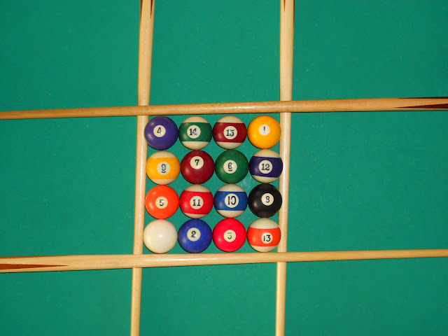 Installation of magic square 4x4 using pool balls (16 is the white ball) photo 2.