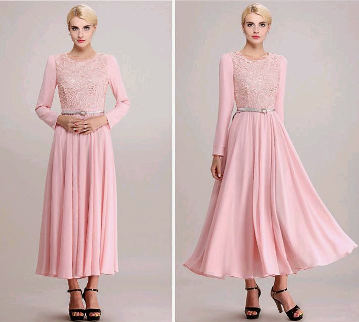 Long Sleeve Pink Top-Embroidered Chiffon Maxi Dress