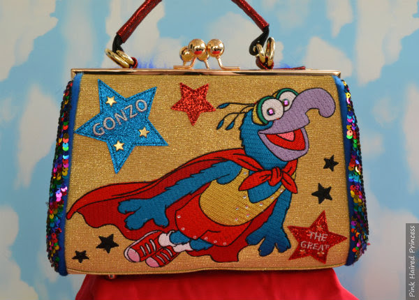 Irregular Choice Muppets Daredevil bag Gonzo close up close up of Gonzo Muppets handbag with sky backdrop