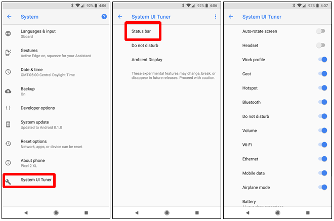 rimozione icone barra di stato Android