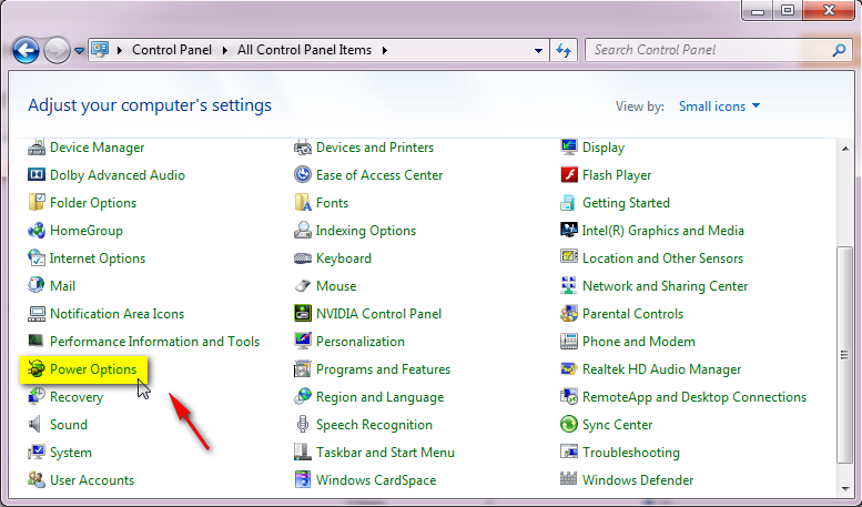 control panel power options