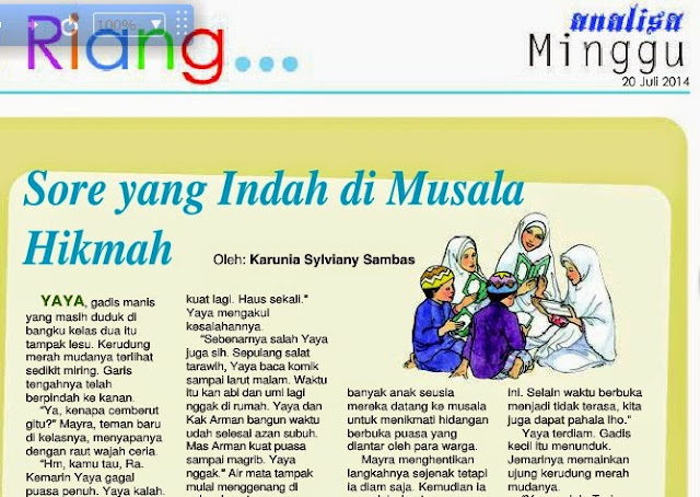 Cerpen Anak Sore yang Indah di Musholla Hikmah dimuat di Harian Analisa Medan edisi Minggu, 20 Juli 2014