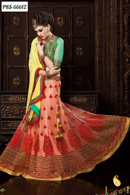 yellow orange  color chiffon material designer ghagra lehenga choli online shopping collection with discount offer sale