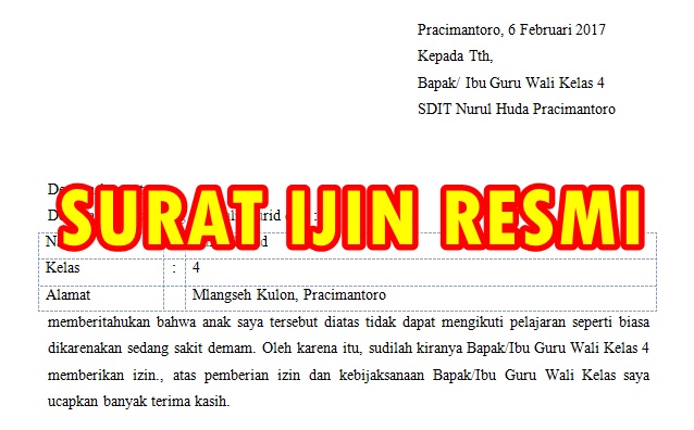 Contoh Surat Ijin Tidak Masuk Sekolah Resmi Sesui Eyd