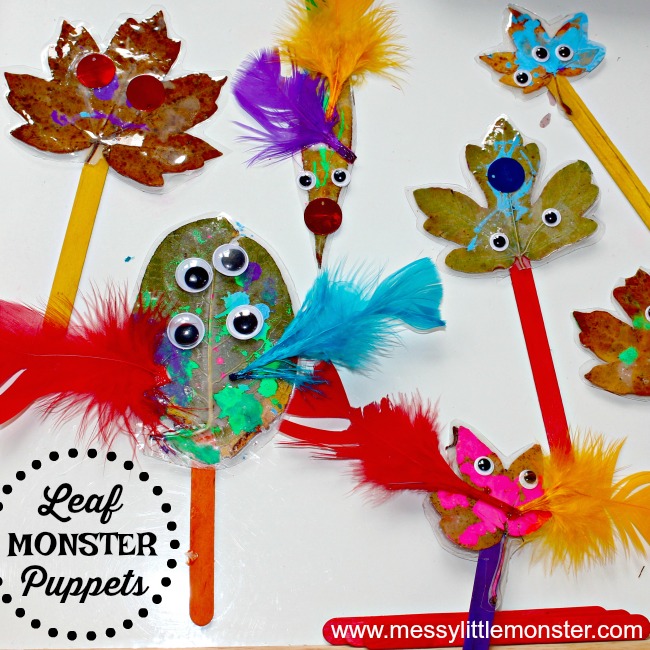Monster leaf puppet craft for kids - Turn Autumn leaves into monster stick puppets. A fun activity for toddlers and preschoolers to do after reading 'Go Away Big Green Monster' by Ed Emberley.
