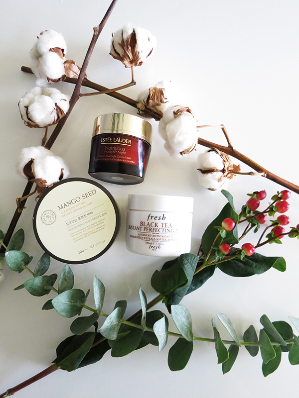 Hydrating skincare finds perfect for winter featuring: Estee Lauder Estee Lauder Vitality8 Night Radiant Overnight Creme/Mask, The Face Shop Mango Seed Cleansing Butter, Fresh Black Tea Instant Perfecting Mask