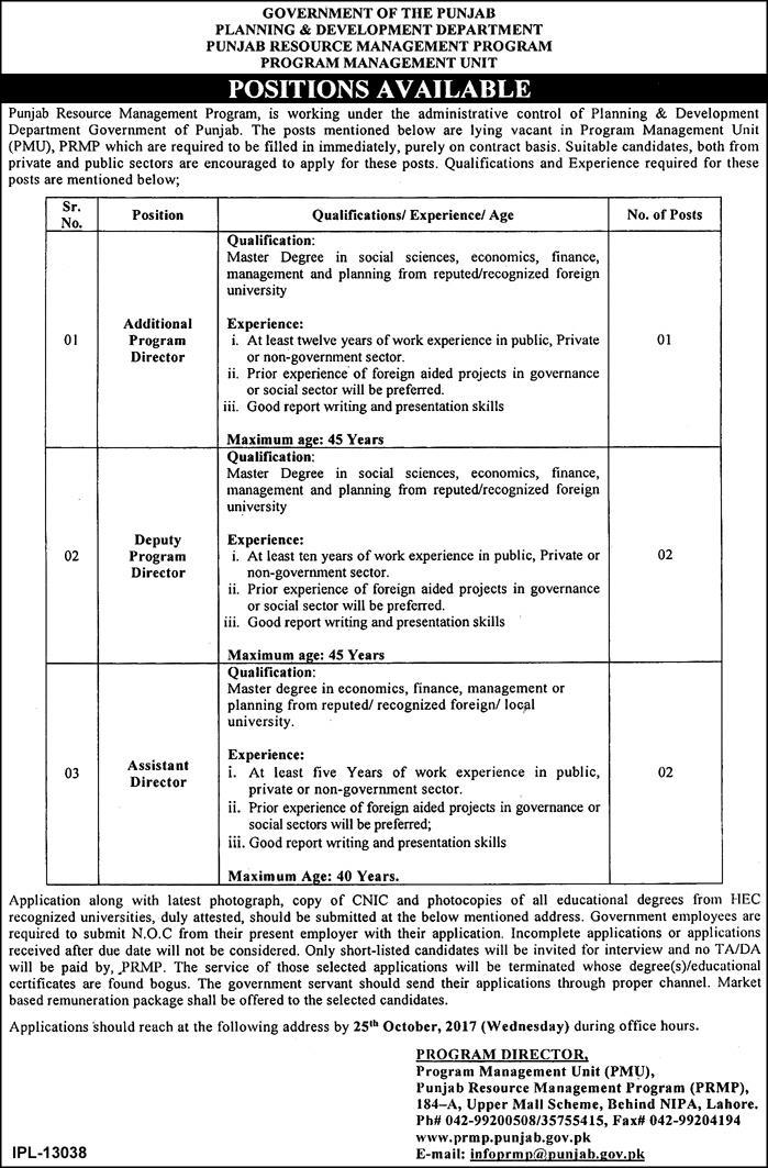 GOVERNMENT OF PUNJAB PLANNING AND DEVELOPMENT PUNJAB RESOURCE MANAGEMENT