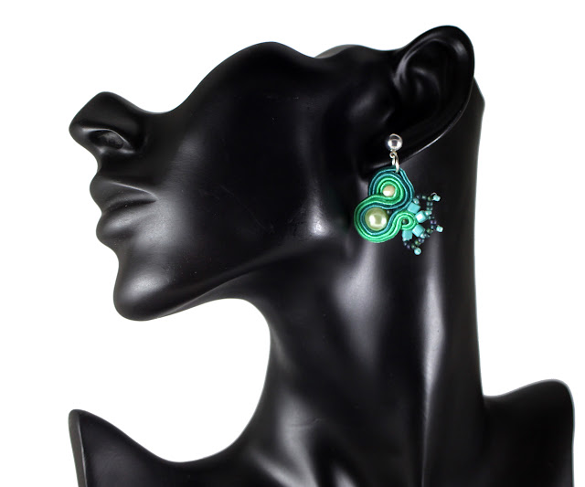 green soutache stud earrings, small danle earrings, handmade jewelry,