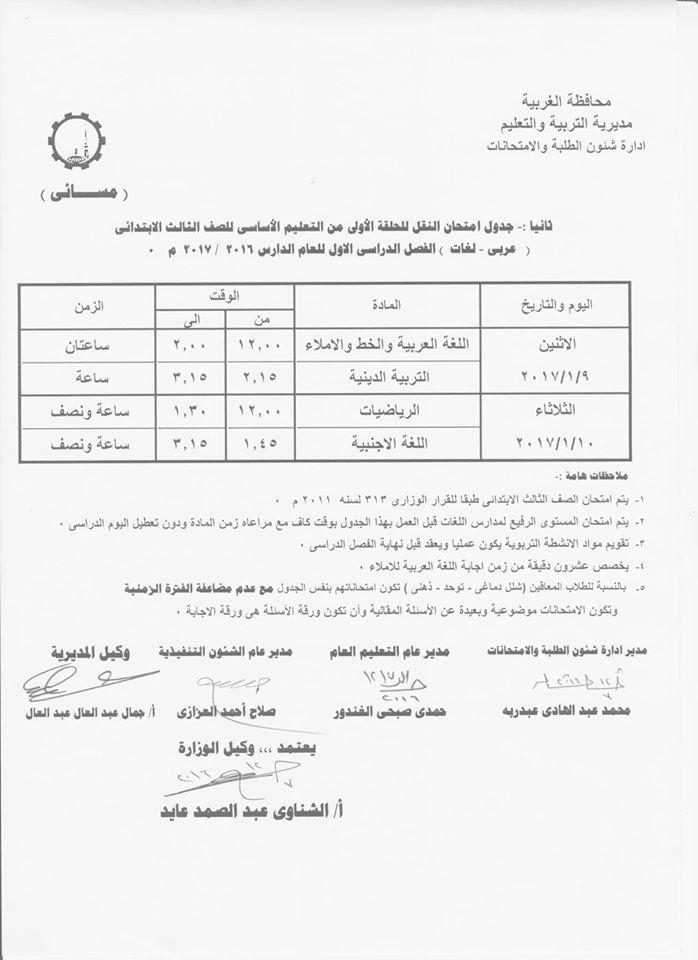 لكل محافظات مصر - جداول امتحانات نصف العام 2017  4