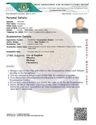 jamb examination slip with passport