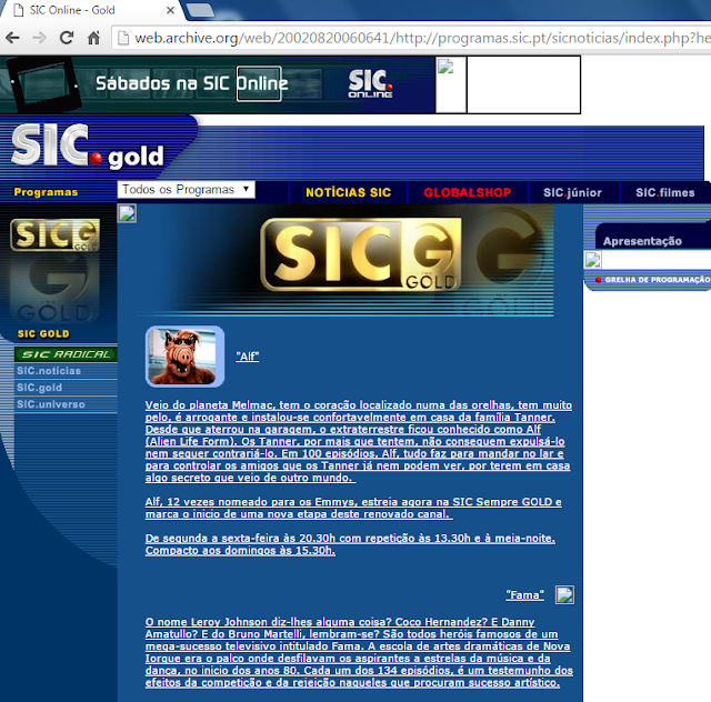 Site do canal de TV SIC Gold Online e a Sinopse da série 'Alf'