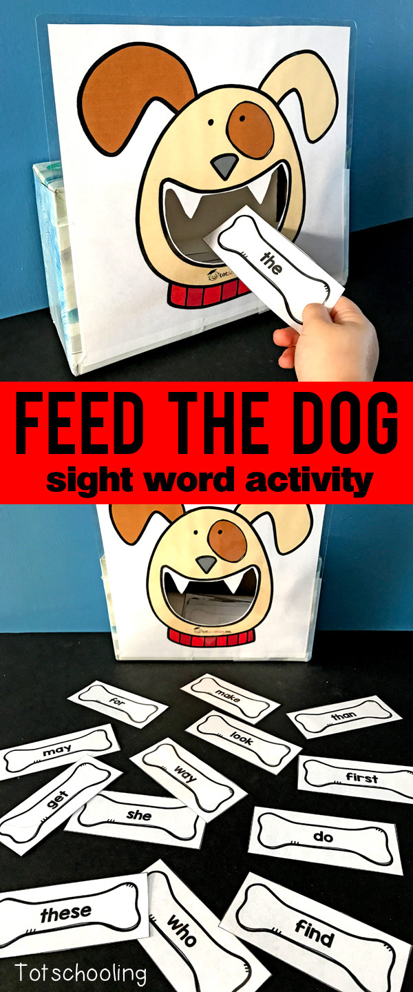 FREE sight word recognition activity for kids to read sight words while feeding bones to the dog. Fun and motivational literacy game for pre-k, kindergarten and first grade kids.