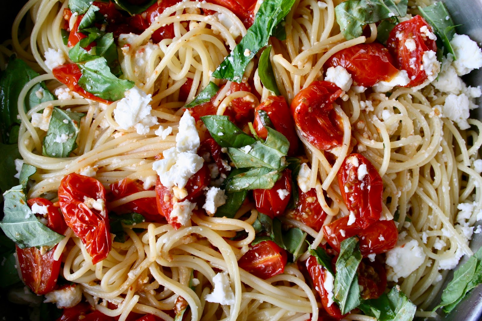 Roasted Tomato and Garlic Pasta with Basil and Feta