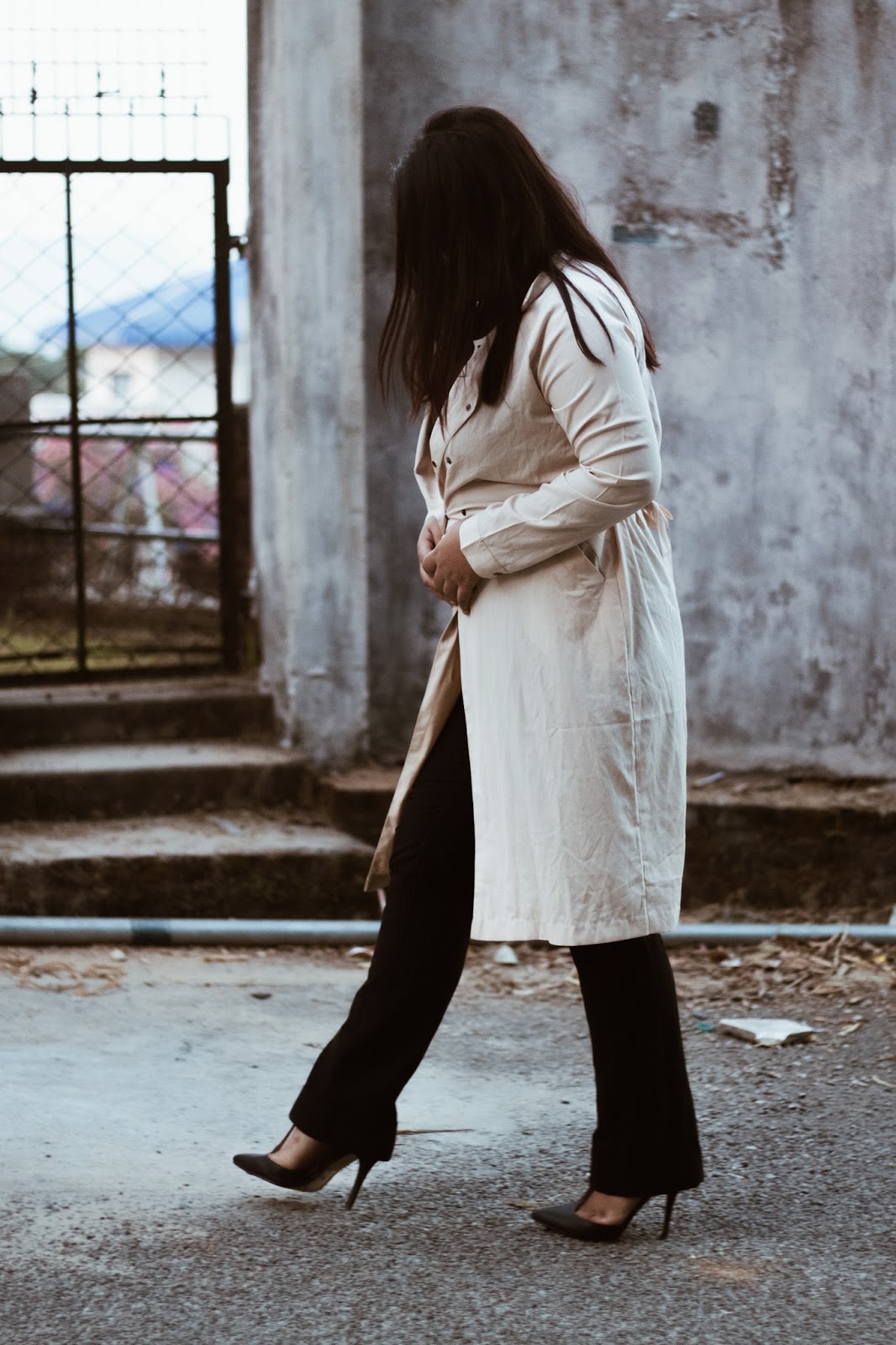 SelestyMe by Chayanika Rabha Indian fashion & Lifestyle blog Wearing- Koovs lightweight trench coat, Top via Jabong, Thrifted wide leg trousers & Dorothy Perkins heel
