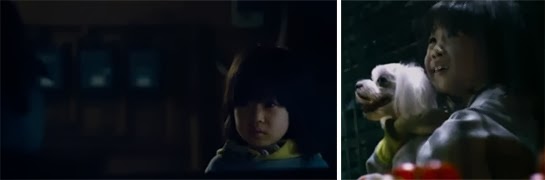 Kim Yoo Bin 김유빈 as Da Hee, solemnly approaches a car. / Terrified, Da Hee clutches a puppy.