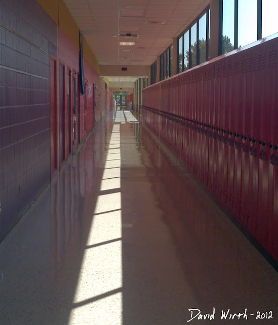 high school hallway, lockers, sunlight, long hall