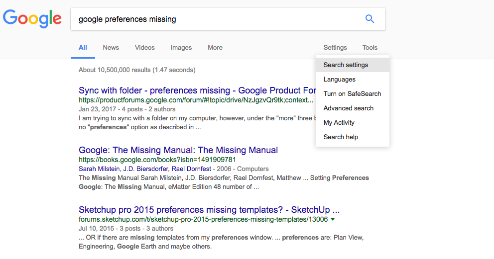 Where is Google Preferences on Missing from Search Page