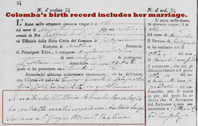 This 1845 Italian birth record includes the addition of her husband and marriage date.