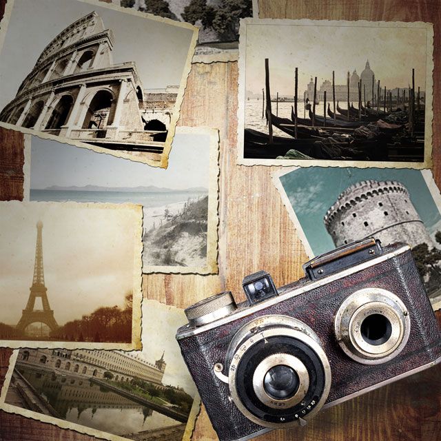 vintage photographs of famous landmarks and vintage camera