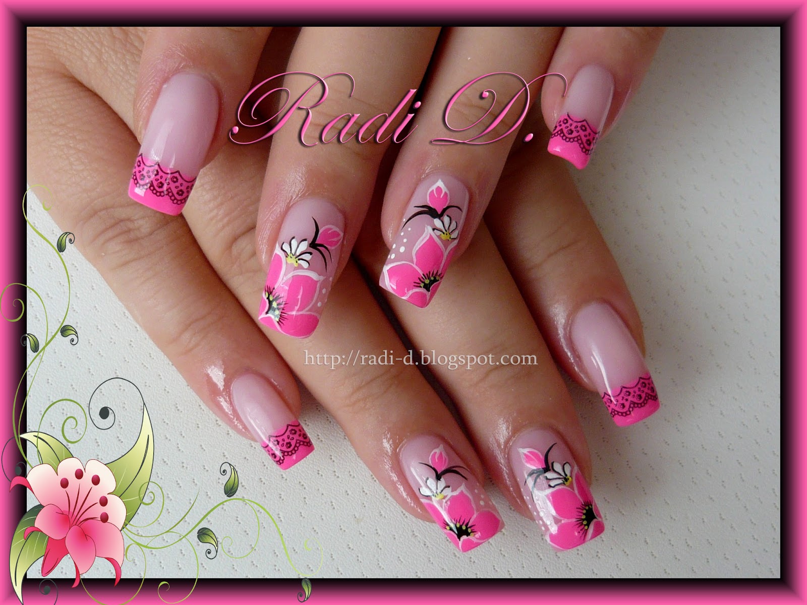 It`s all about nails: Neon Pink Tips and Flowers