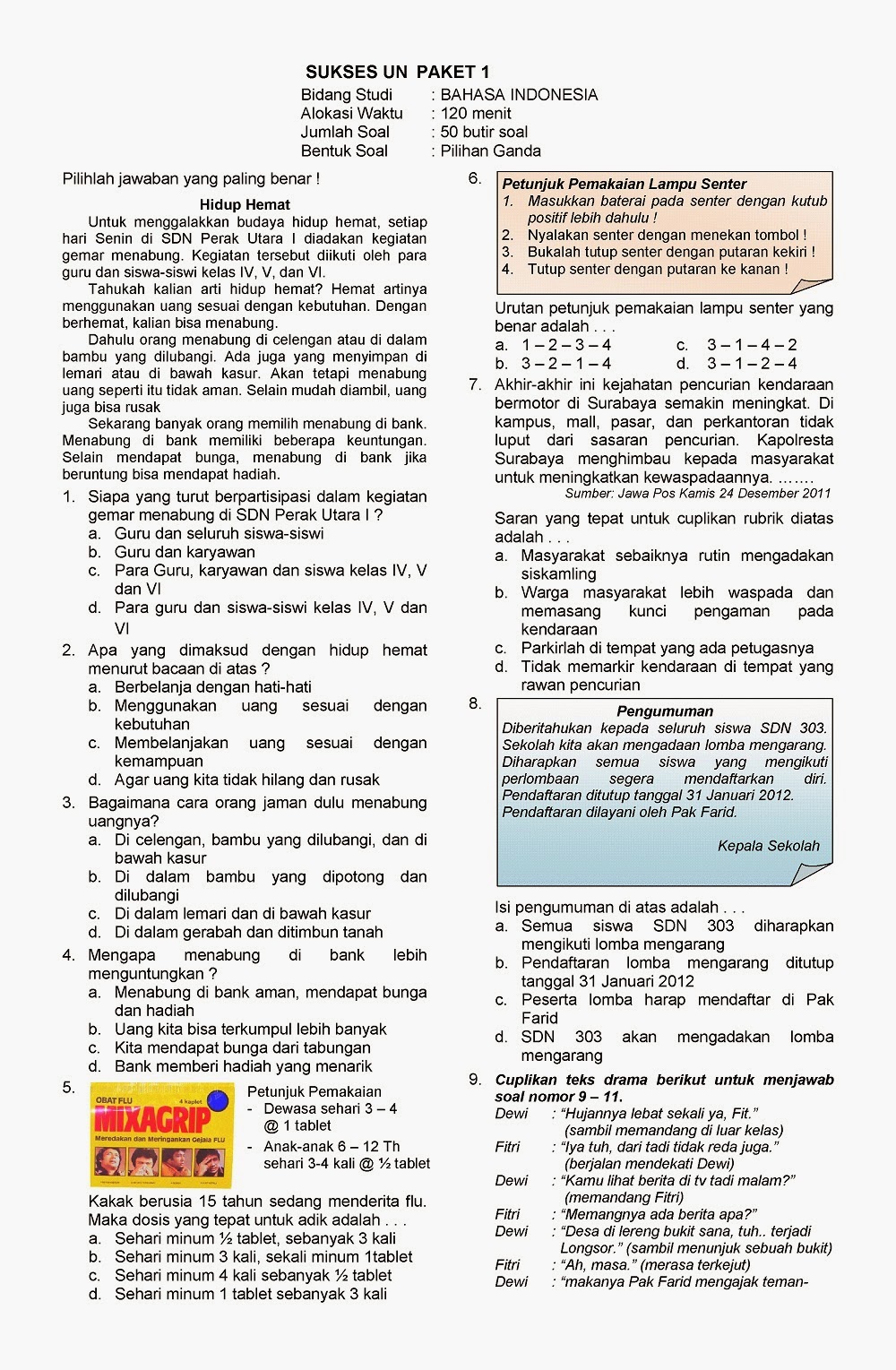 Kunci dan Soal UN Bahasa Indonesia Kelas 6 SD TA 2013/2014 ~ Kumpulan