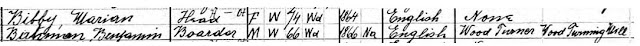 1910 US census snip showing Benjamin Bateman as the Boarder in the house of Marion Bibby a 74 year old Widow.