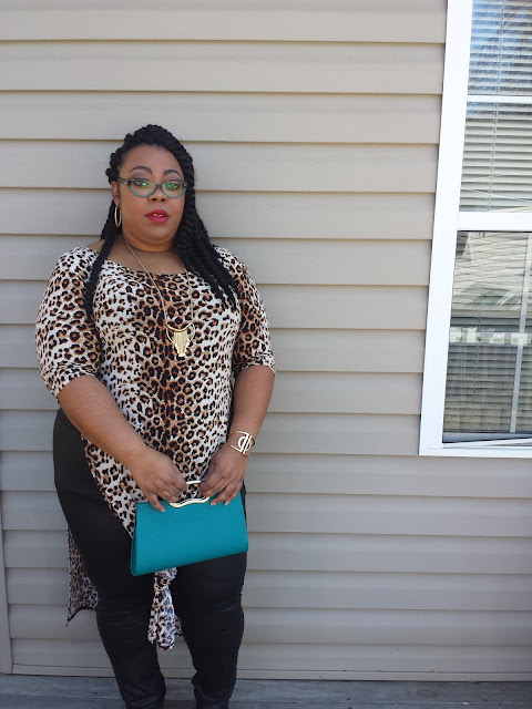 Plus size leopard-print maxi tee with faux leather leggings and black booties