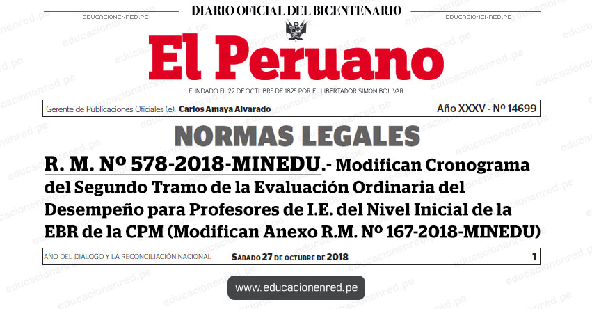 R. M. Nº 578-2018-MINEDU - Modifican Cronograma del Segundo Tramo de la Evaluación Ordinaria del Desempeño para Profesores de I.E. del Nivel Inicial de la EBR de la CPM (Modifican Anexo R.M. Nº 167-2018-MINEDU) www.minedu.gob.pe R. M. Nº 578-2018-MINEDU - Modifican Cronograma del Segundo Tramo de la Evaluación Ordinaria del Desempeño para Profesores de I.E. del Nivel Inicial de la EBR de la CPM (Modifican Anexo R.M. Nº 167-2018-MINEDU) www.minedu.gob.pe