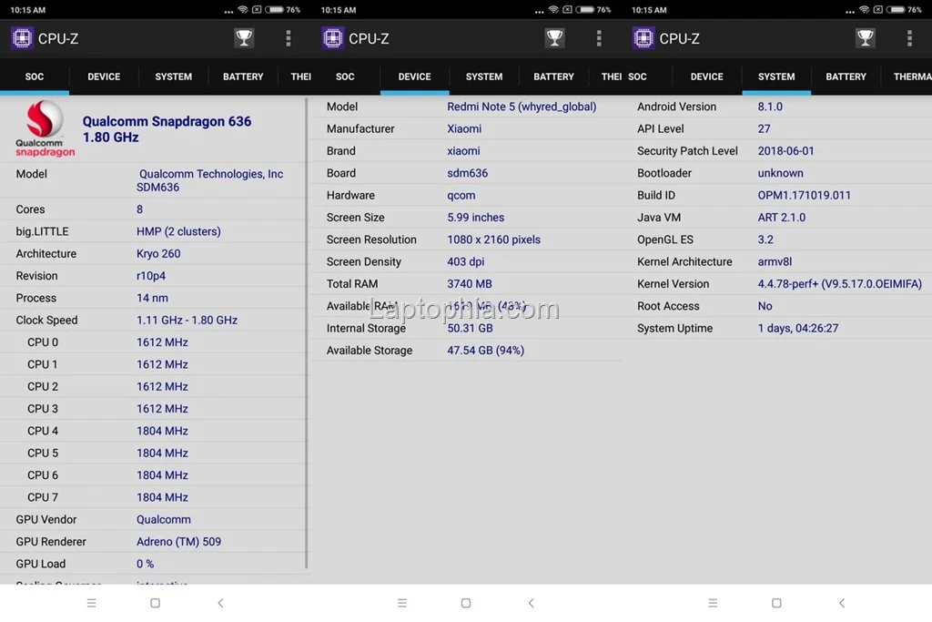 CPU-Z Xiaomi Redmi Note 5