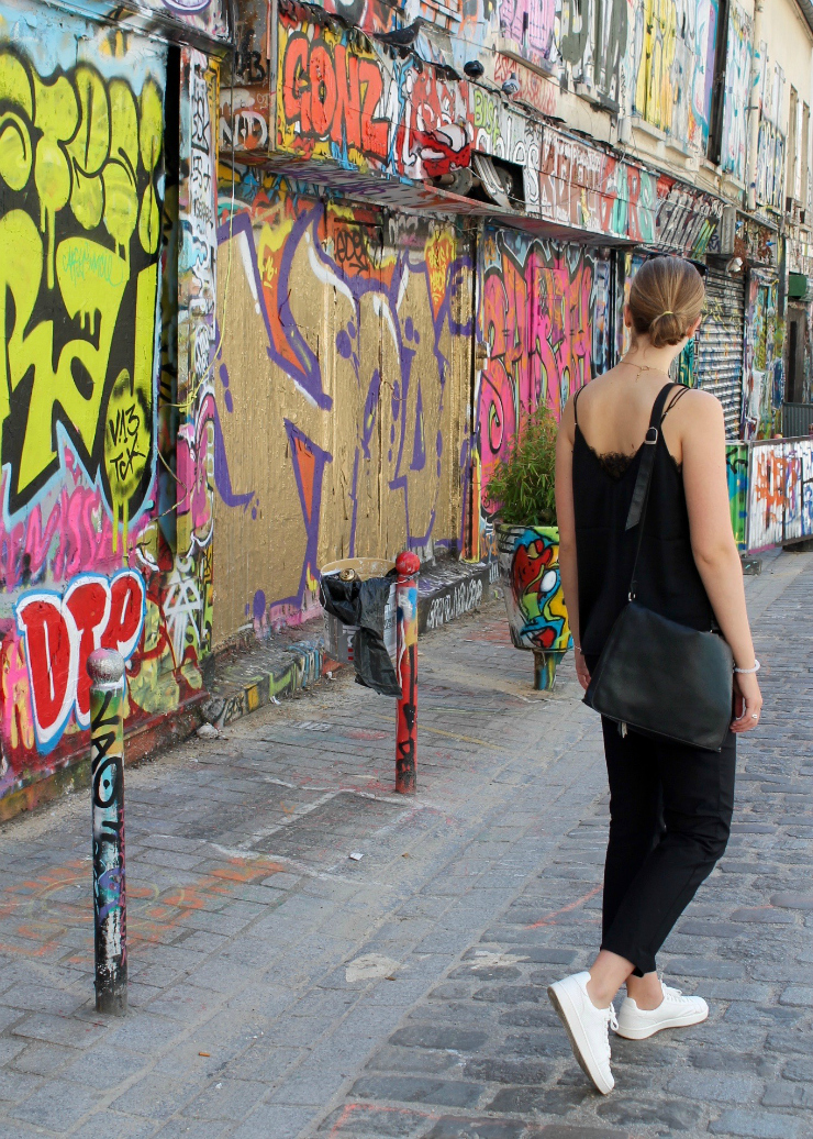black lace satin top, ankle dress pants #allblackootd #paris