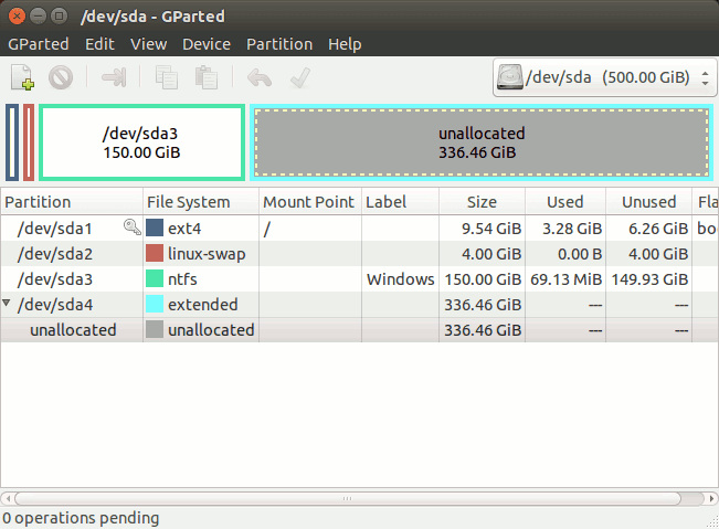 partition table of an MBR system with extended partition