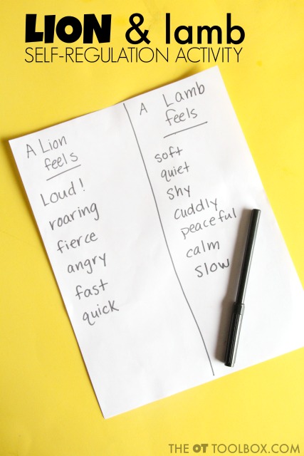 Use this lion and lamb self regulation activity to help kids address sensory needs so they can regulate their feelings and emotions. Lion and lamb self-regulation activity for kids