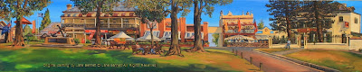 plein air oil painting of shops in George st from Thompson Square Windsor by artist Jane Bennett
