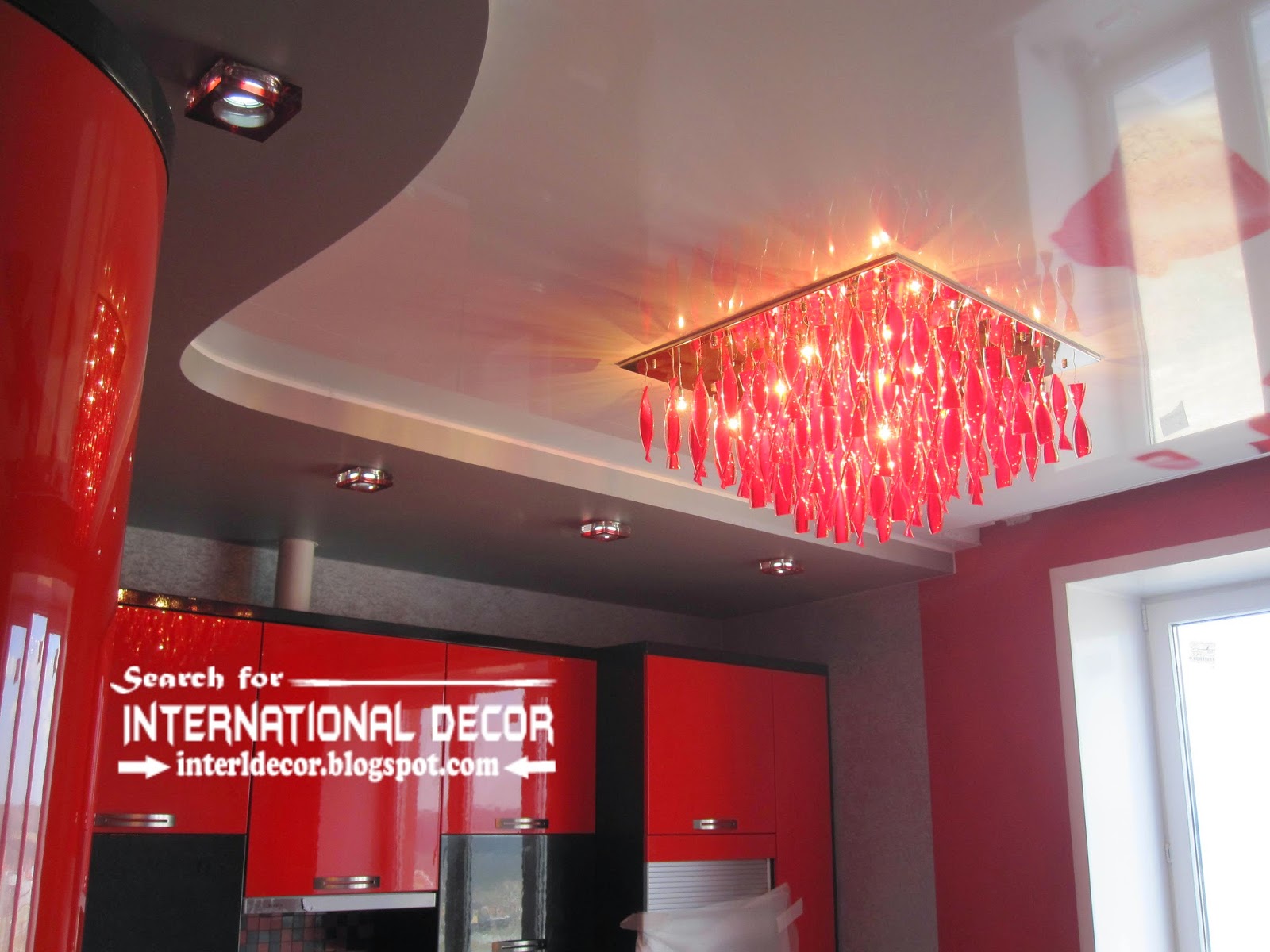 stretch ceilings for modern kitchen, two level stretch ceiling with modern chandelier