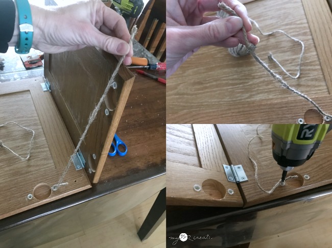 attach twine to top and sides of lap desk 