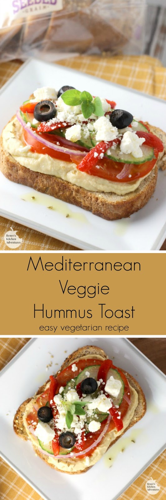 Mediterranean Veggie Hummus Toast | by Renee's Kitchen Adventures - easy healthy recipe for veggie toast with hummus. Perfect for snack, breakfast, or light lunch! #HarvestBlends 