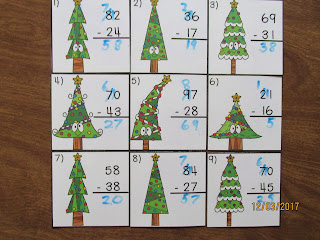 Christmas Trees 2 Digit Subtraction Regrouping Task Cards