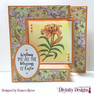 Divinity Designs Stamp Set: Miracle of Easter  Custom Dies: Tri-Fold Card With Layers, Ovals, Scalloped Ovals  Paper Collection: Spring Flowers 2019  Mixed Media Stencils- Arrows