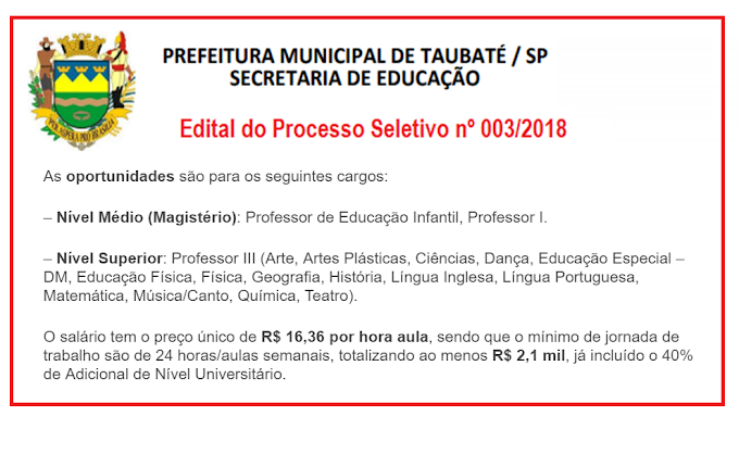  SEED de Taubaté – SP abre inscrições de Processo Seletivo para Professores