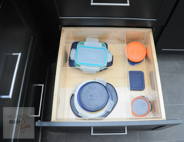 Organized drawer of left over container lids :: OrganizingMadeFun.com