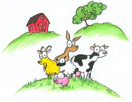 A cartoon image of farm animals on a farm.