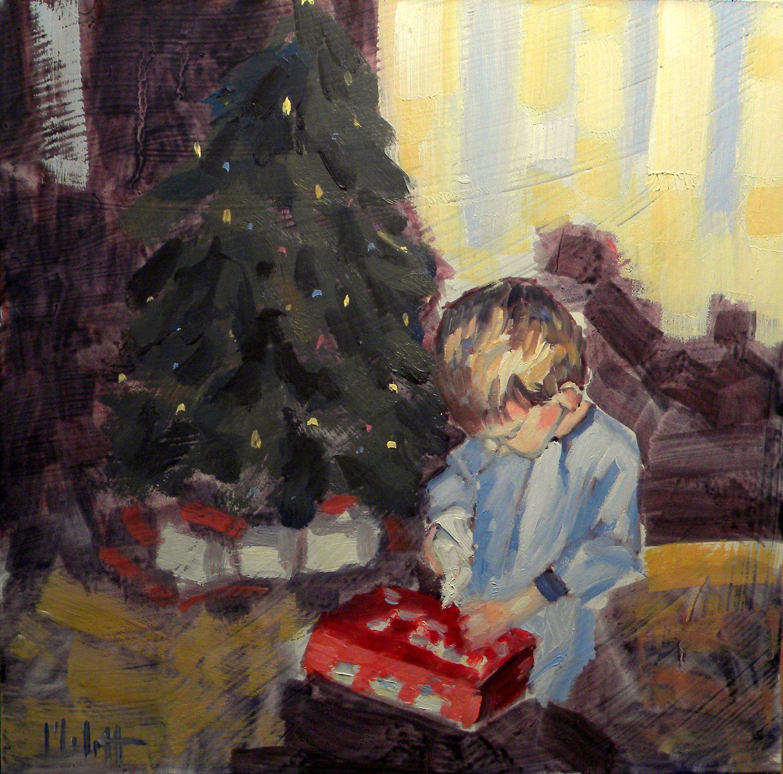 Сидит на елочке. Новогодняя елка живопись. Мальчик у елки. Дети и елка живопись. Новогодняя елка с подарками живопись.